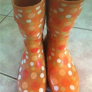 L L Bean Wellies Orange Polka Dot Rain mud snow Boots. Size 7.